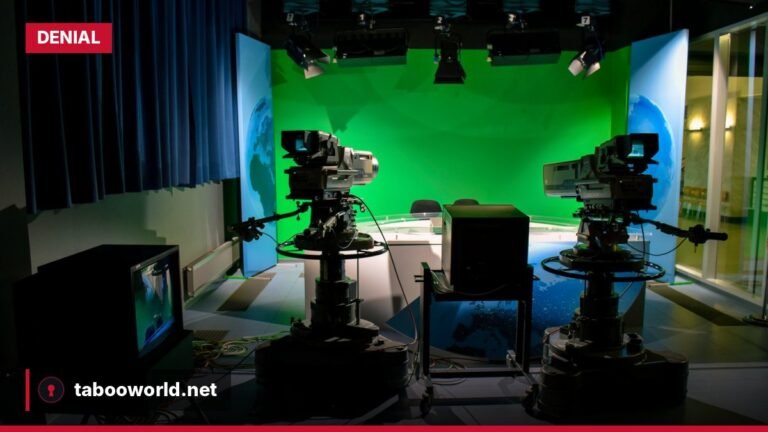 Studio lights over an empty television set, symbolizing unanswered questions behind a broadcaster's denial
