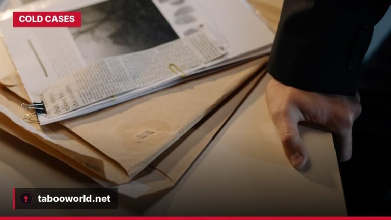 Boxes of aged case files and evidence envelopes on a desk, symbolizing decades-old unsolved cold cases.