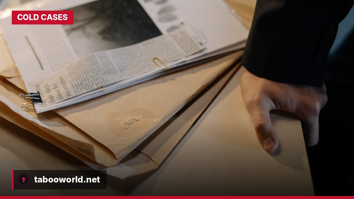 Boxes of aged case files and evidence envelopes on a desk, symbolizing decades-old unsolved cold cases.