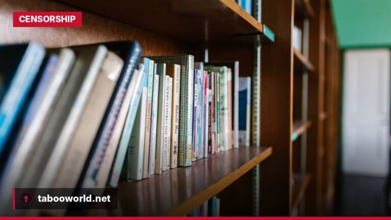 Closed school library shelves symbolizing book bans in the United States